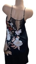 Stars Above Black Floral Silky Satin Long Nightgown Womens S