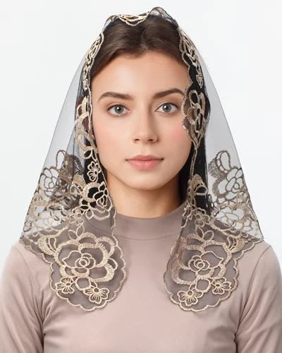 Catholic Chapel Veils for Women: Christian Flower Lace Mantilla Black Gold - Image 3 of 4