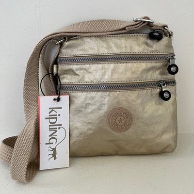 KIPLING Small Nylon Alvar Cross Body Bag Triple Zip Metallic Gold Travel NWT