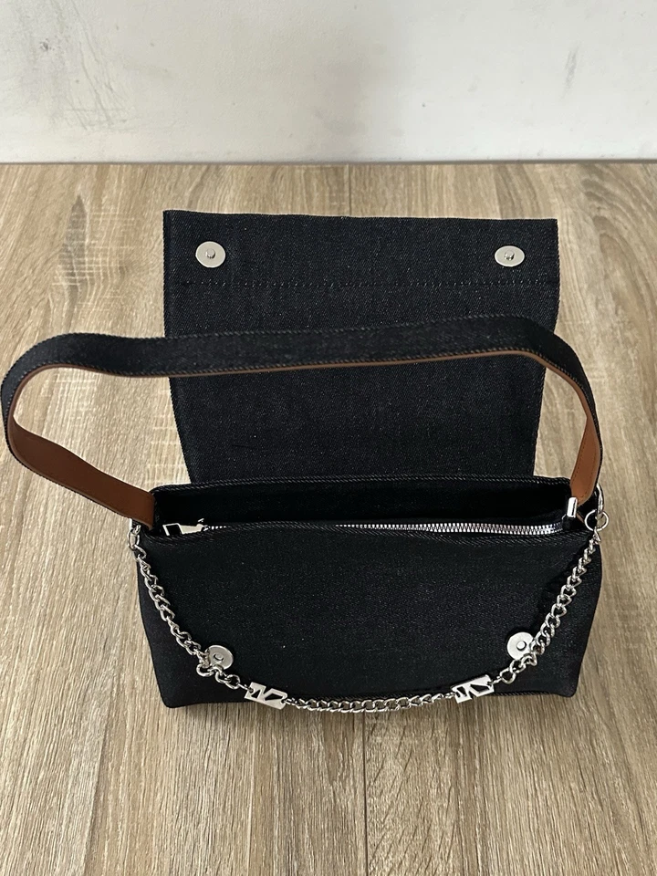Shoulder Bag Denim Black Size MEDIUM Metal Chain Double Straps Travel Bag Jeans - Image 2 of 4