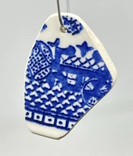 Tumbled Sea Glass Pottery Drilled Pendant Blue Willow Japanese Geisha lot1732