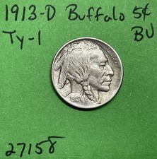 1913-D Buffalo 🦬 Indian Head Nickel 5c Piece Ty-1 BU Brilliant Uncirculated