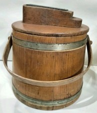 Vintage Wood Shoe Shine Wooden Bucket Pail Round Barrel w/ Lid  Handle
