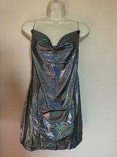 Holographic Iridescent Rave Mini Dress Chain Strap Adjustable Sexy Festival M