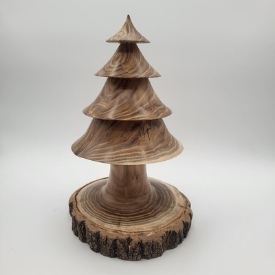 Handmade Wood Christmas Tree Medium Brown Turned Log Slice Base Tabletop Decor