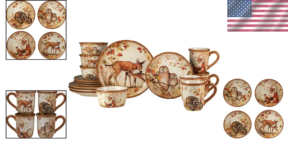 Rustic Pine Forest 16-Piece Dinnerware Set for 4 – Hand-Painted Ceramic Charm - Image 2 of 4