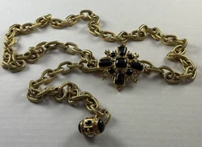 St John Gold Tone Adjustable Chain Belt  Black Enamel Rhinestone Maltese Cross