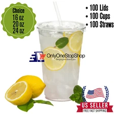 100 Pieces Disposable Plastic To Go Cups with Flat Lids and Straws - Clear