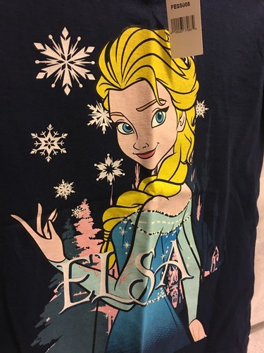 Disney Frozen Elsa T-Shirt Size 8/10 Navy Blue Fruit The Loom 100 Percent Cotton - Picture 9 of 12