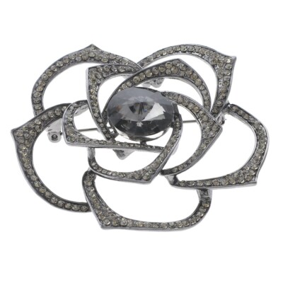 Hermatite Tone Metal Austrian Crystal Rhinestone Flower Brooch P1417-HBD