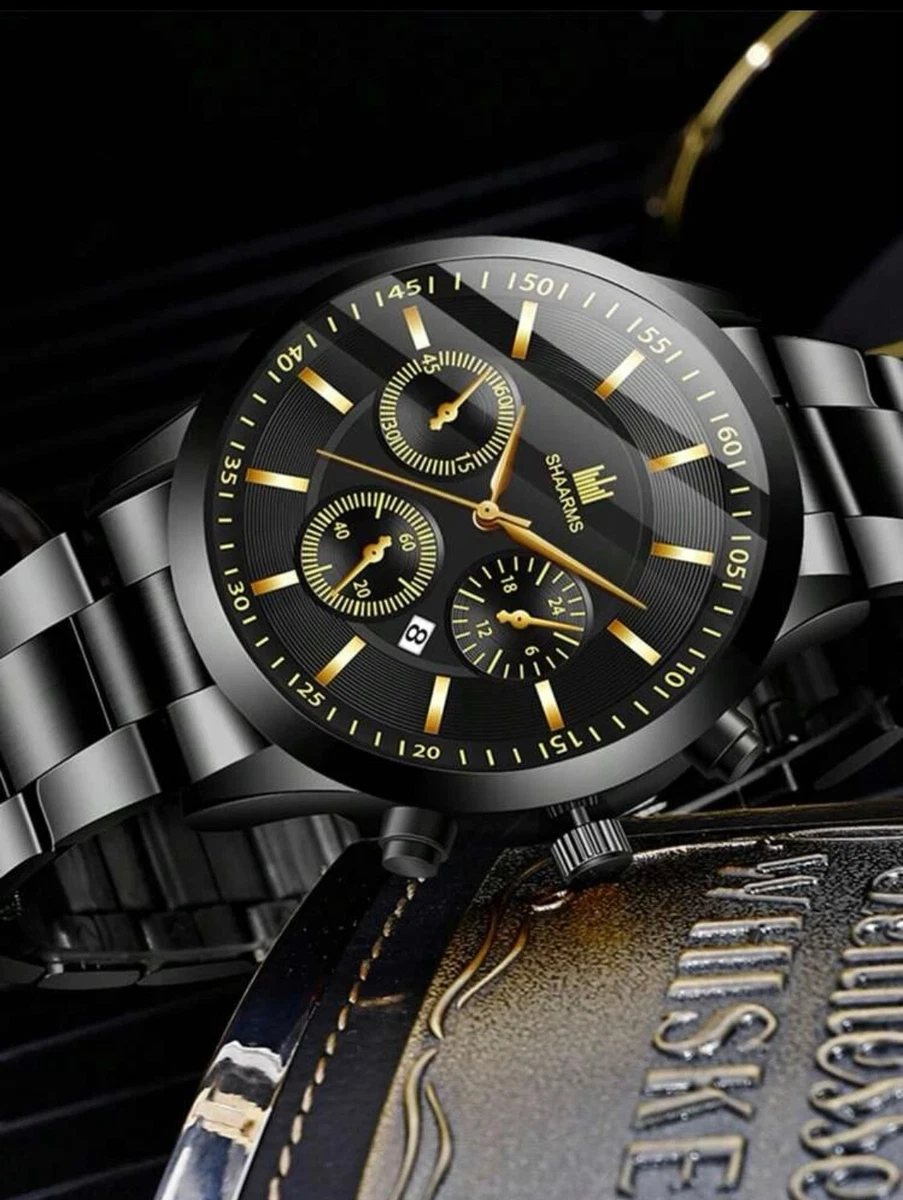 Men's Luxury Business Watch with Stainless Steel Strap Black & Gold Quartz  UK