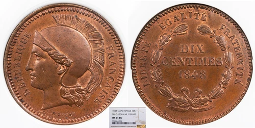 FRANCE 1848 Essai 10 Centimes Piefort NGC MS-64 BN