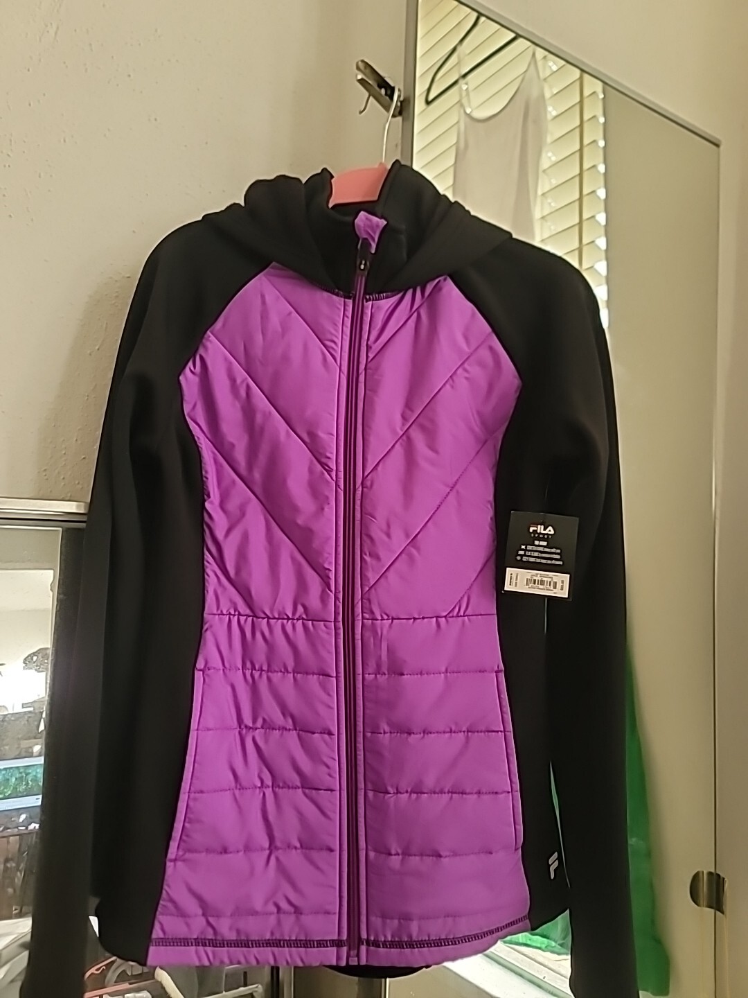 Fila Sport donna puffer tessuto misto felpa giacca zip tasche fori pollice nuovo con etichetta S