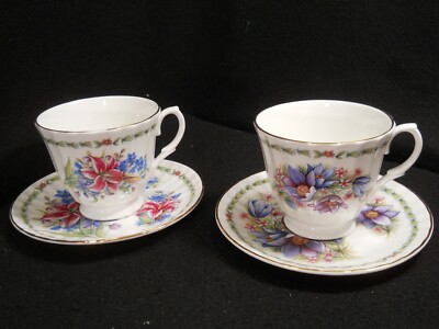 Royale Garden Tiger Lily/Lilies ~Blue Crocus  Footed Teacup and Saucer- Set of 2