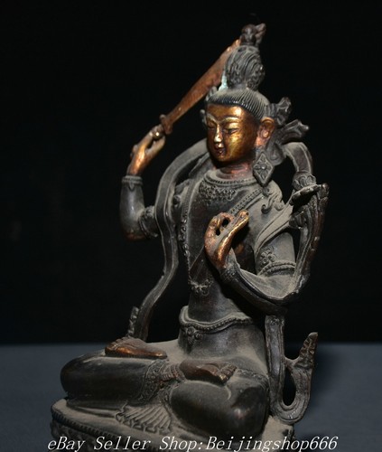 10" Old Tibet Tibetan Purple Bronze Gilt Wenshu Kwan-yin Guan Yin Statue - Picture 6 of 13