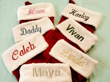 EMBROIDERED, PERSONALIZED MONOGRAMED RED & WHITE  PLUSH CHRISTMAS STOCKINGS  