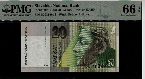 1993 SLOVAKIA NATIONAL BANK 20 KORUN P20a PMG 66 EPQ GEM UNC,Fancy SN!+Gift SLBb - Picture 3 of 4