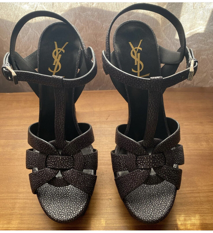 Brand NEW Saint Laurent Tribute 105MM Sandal Graine In Dark Grey 39