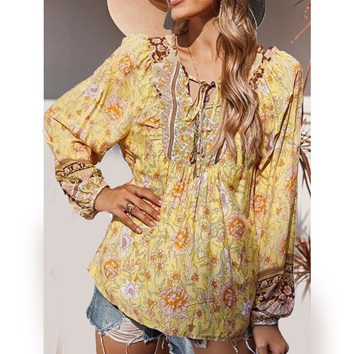 Plus Size Womens Floral Boho Tunic Tops Shirt Long Sleeve Casual Loose Blouse - Picture 5 of 21
