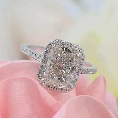 3.50Ctw Radiant Brilliant Moissanite Halo Engagement Ring 14K White Gold Plated