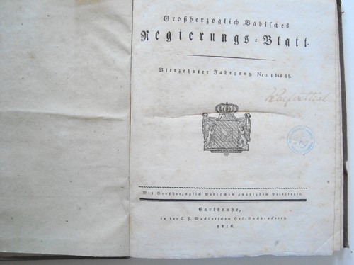 Großherzogliche Badisches Regierungsblatt Carlsruhe 1816 Baden Karlsruhe - Picture 2 of 3