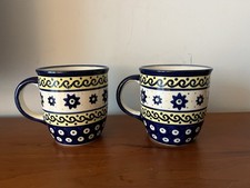 LOT 2 Boleslawiec Polish Poland Pottery Bubble Cobalt Blue Floral Coffee Tea Mug