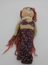12" Handmade Crochet Mermaid Doll Red Yarn Hair Pearl Necklace Fiber Art