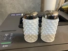 Vintage Hobnail Milk Glass Salt and Pepper Shakers with Metal Lids