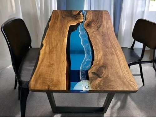 Clear Blue Epoxy Resin Dining Table Kitchen Wooden Live Edge Home Decors - Picture 3 of 4