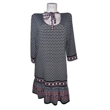 Max Studio Geometric Print Tie Neck Ruffle Hem Knit Dress XL Black Orange Blue
