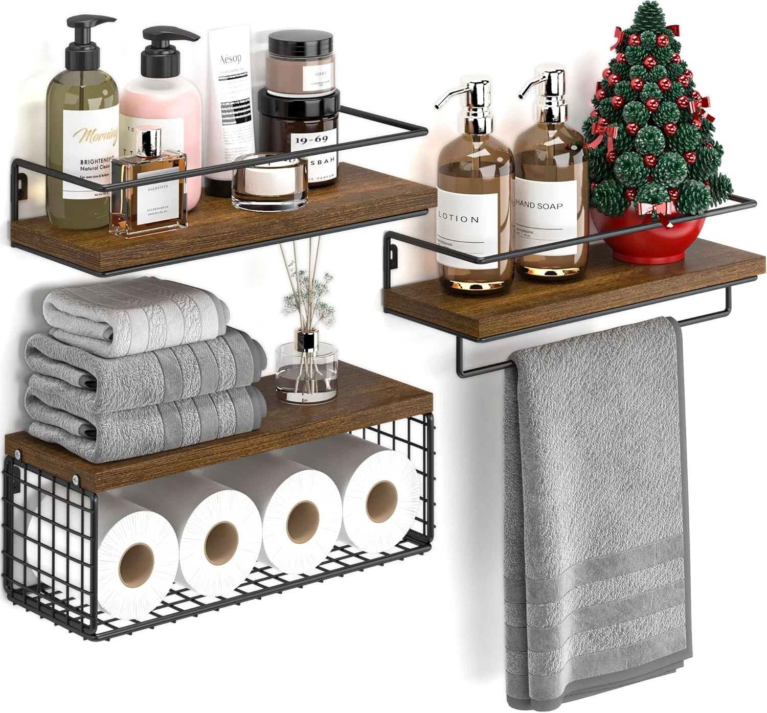Wall Mounted Shelves with Wire Basket Towel Bar