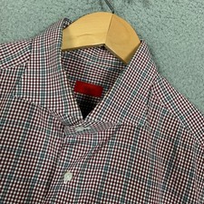 Isaia Napoli Dress Shirt Mens 17.5-44 Red/Gray Gingham Long Sleeve Collared