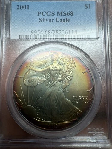 2001 1 oz Silver American Eagle PQ Monster Rainbow Toning PCGS MS 68 Dual Side