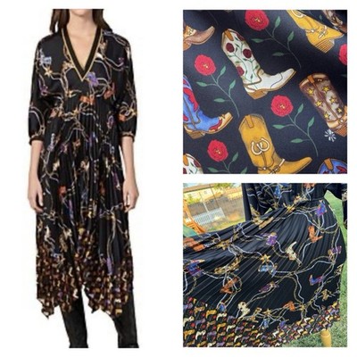 Sandro Paris Cowboy Boot Print Dress Accordion Pleats Handkerchief Hem Size 38 M