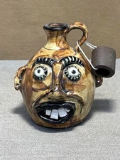 Southern Folk Art Handmade Ugly Face Jug With Small Handle and Glazed Finish,