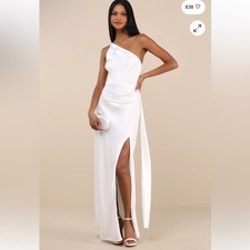 Lulus Signature Elegance White Satin One-Shoulder Maxi Dress White Size XXS