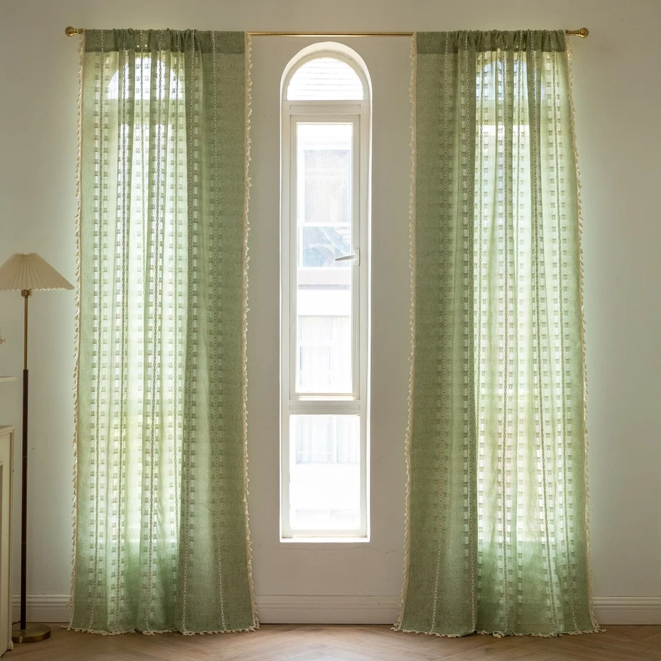 Cortinas Boho Verde Salvia 96 pulgadas de Largo 2 Paneles para Dormitorio Salón, Vintage... Foto 2 de 4