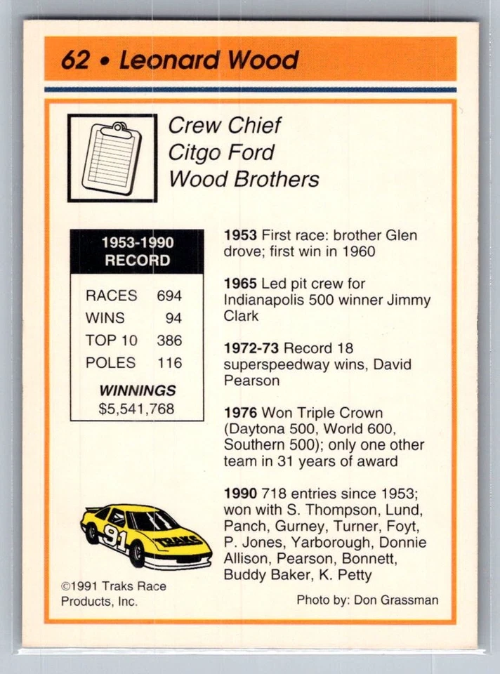 1991 Traks Racing #62 Leonard Wood - VG - Wood Brothers Racing - Image 2 of 2