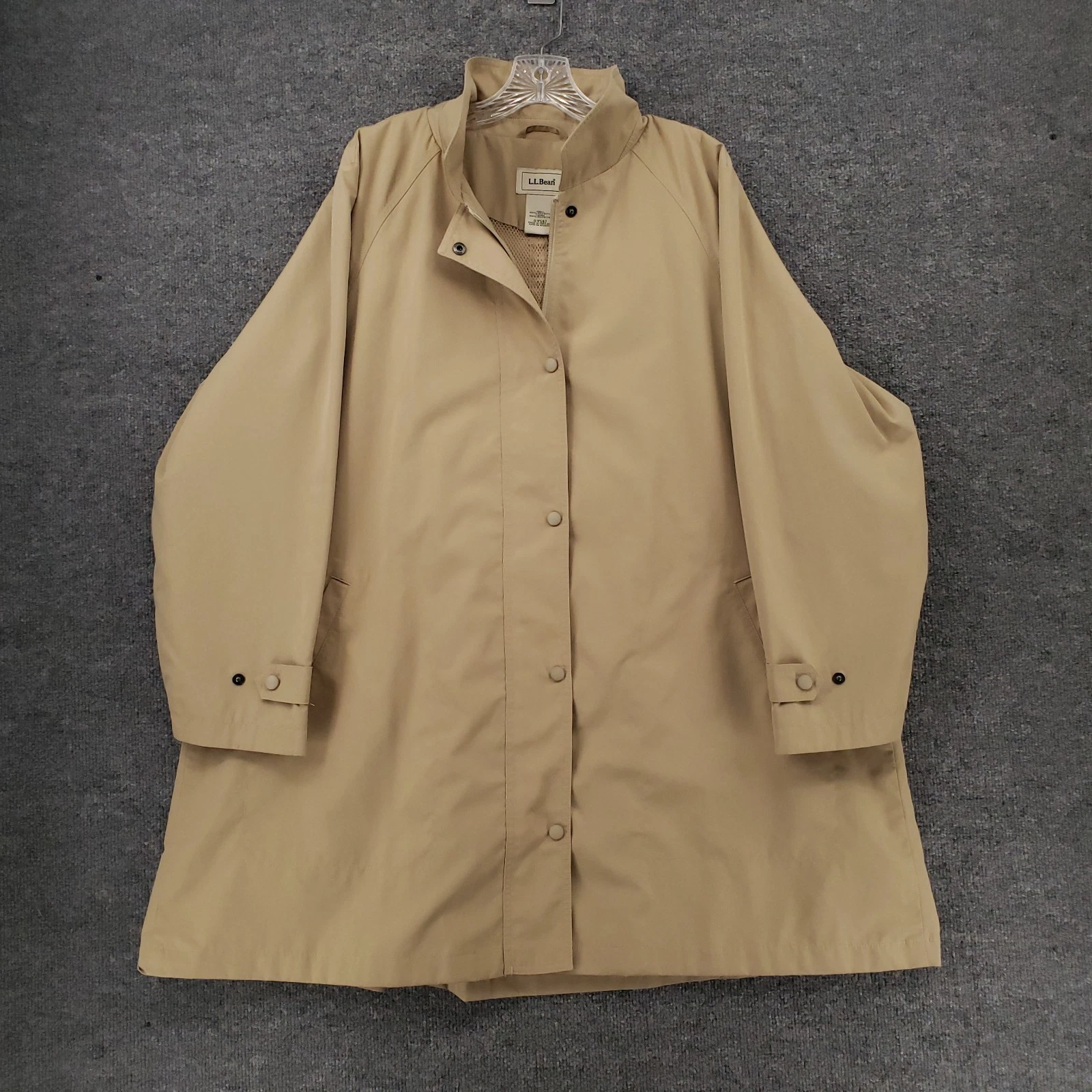 LL Bean Jacket Womens XL Beige Trench Coat Removable Lined Long Sleeve Snap