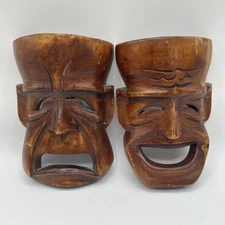 Comedy Tragedy Wooden Masks Tiki Hand Carved Theater Wall Art Decor Hawaiian 6”