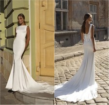 Elegant Mermaid Wedding Dress Sleeveless Satin Bridal Gowns Backless Sweep Train