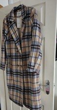LOVELY GEORGE LONGLINE COAT BEIGE AND BLUE CHECK, BUTTON FRONT WASHABLE SIZE 16