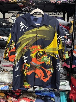 Y2K Vintage Japanese Samurai Navy Button Shirt Size Large 