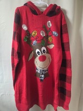 NO Boundaries Red Nosed Reindeer Christmas Sweater W/Hood Women's Sz M 7-9
