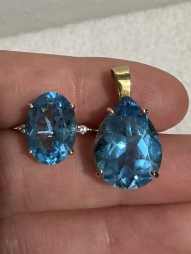 Ring und Anhänger in Gelbgold AV 10k mit Blautopas und Diamanten Gr. 5,75