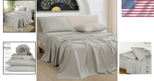 Breathable Sateen 4 Pc Egyptian Cotton Full Sheet Set with Deep Pocket - Grey - Picture 2 of 11