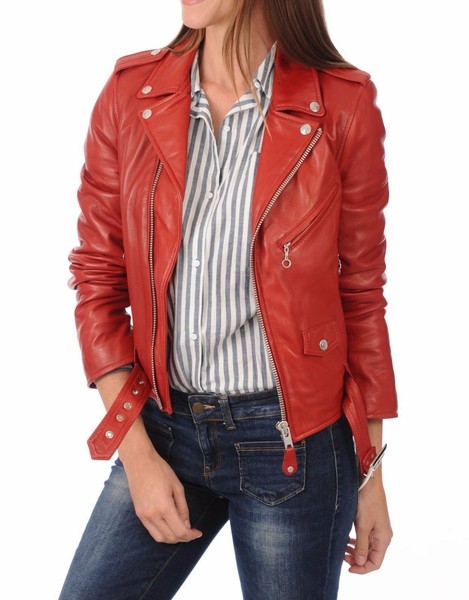 Damen Rot Lederjacke Slim Fit Biker Motorrad 100% Echt Lammleder Jacke-image