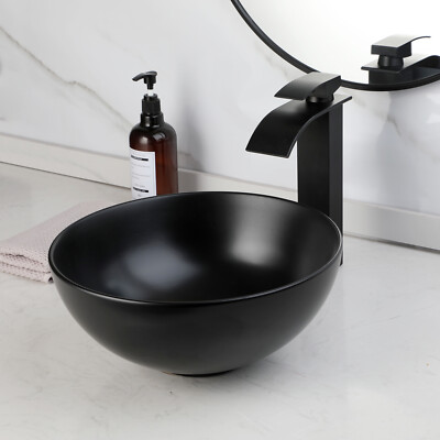 13'' Black Bathroom Vessel Sinks Round Ceramic Basin Bowls With Faucet And Drain