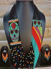 Skull Handmade Necklace Seed Bead Boho Ukrainian Style Nativ Beaded Multi Strand