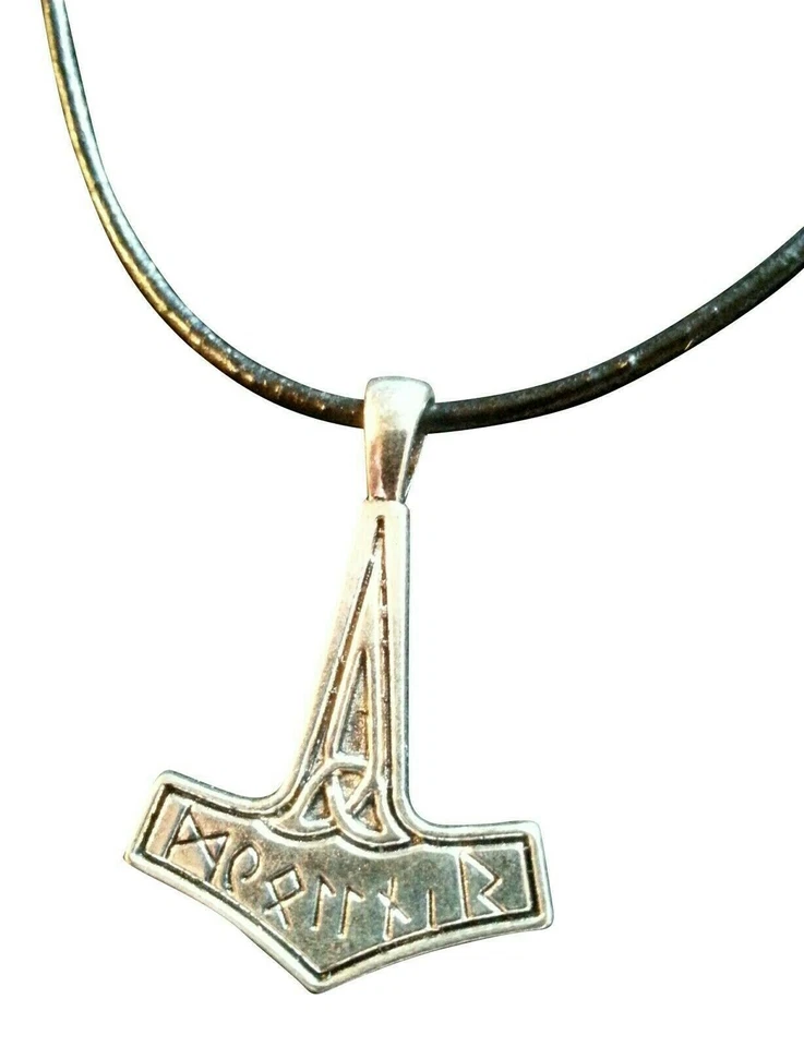 Collar Thors Hammer Mjolnir Colgante Cuero Negro Cordón Vikingo Protección Odín Foto 2 de 4